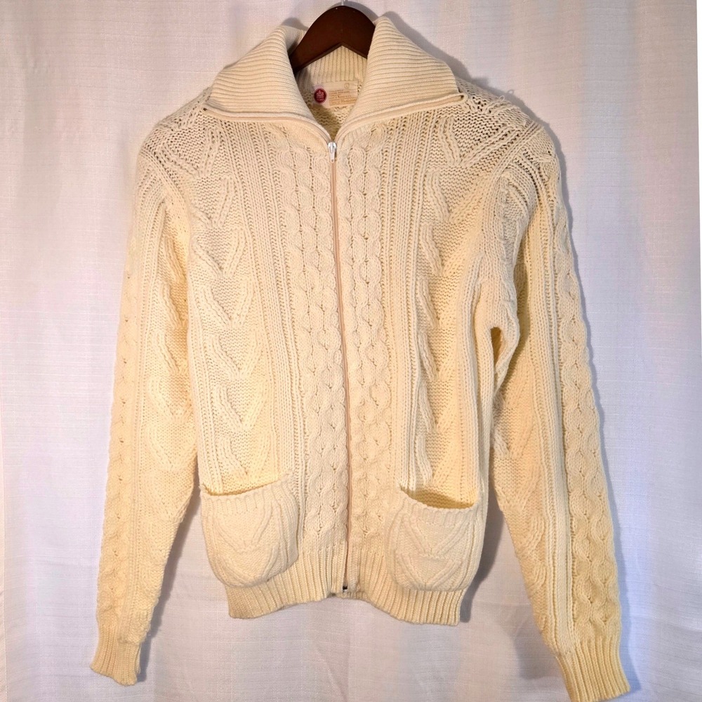 Kings Road Sears Mensstore Cream Cable Knit‎ Full Zip Sweater Large Grandpacore